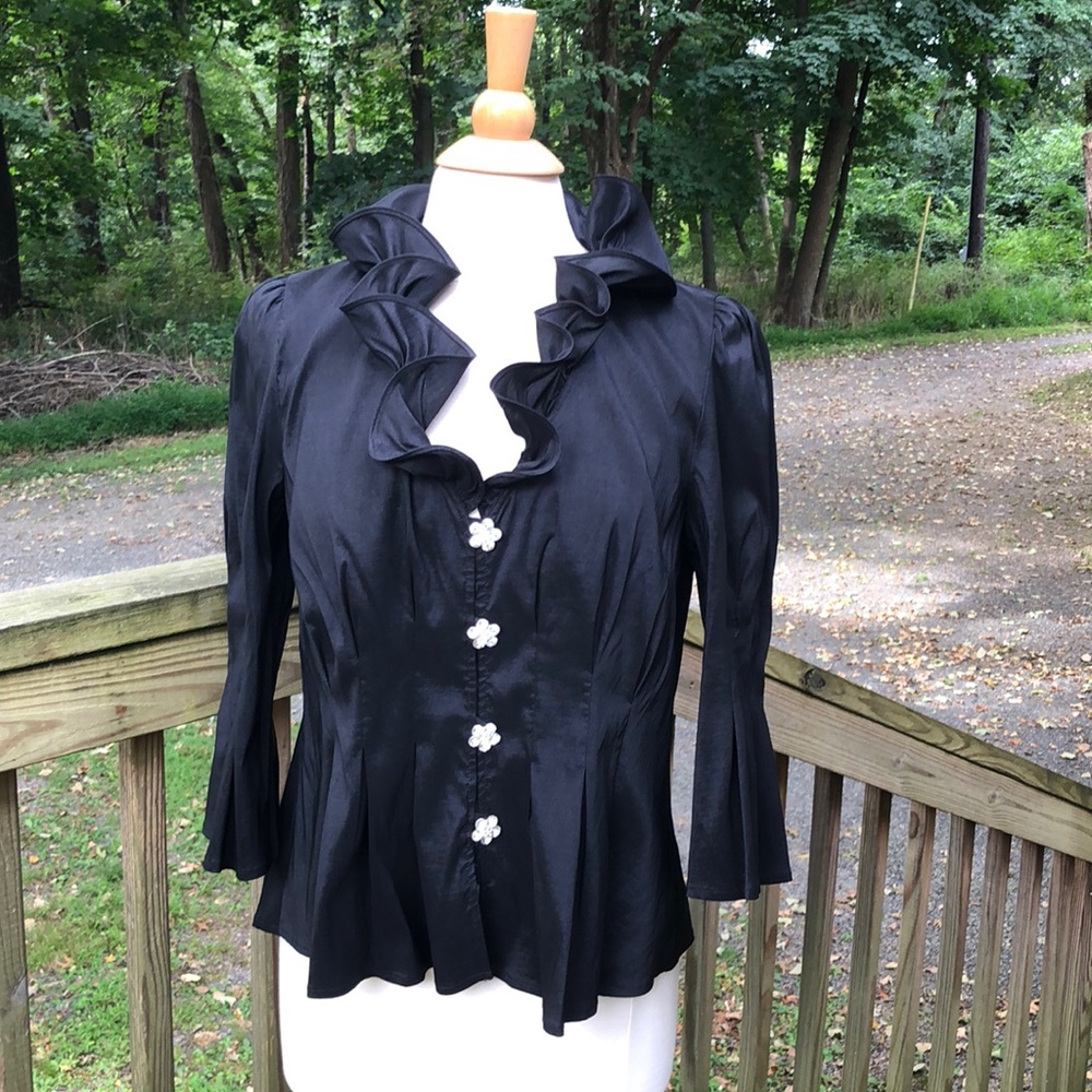 🎄 Chetta B Black Slinky Evening Ruffled Blouse 16